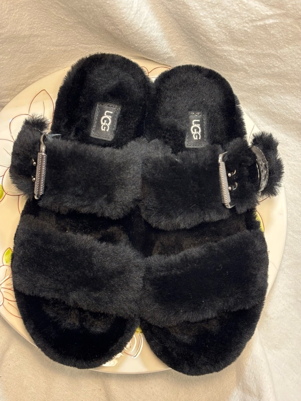UGG Women's Black Plush Double-Band Slide Sandals